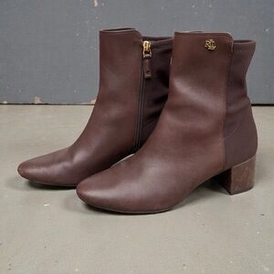 Lauren Ralph Lauren Wilimina Brown Matte Leather Equestrian Heeled Ankle Boots